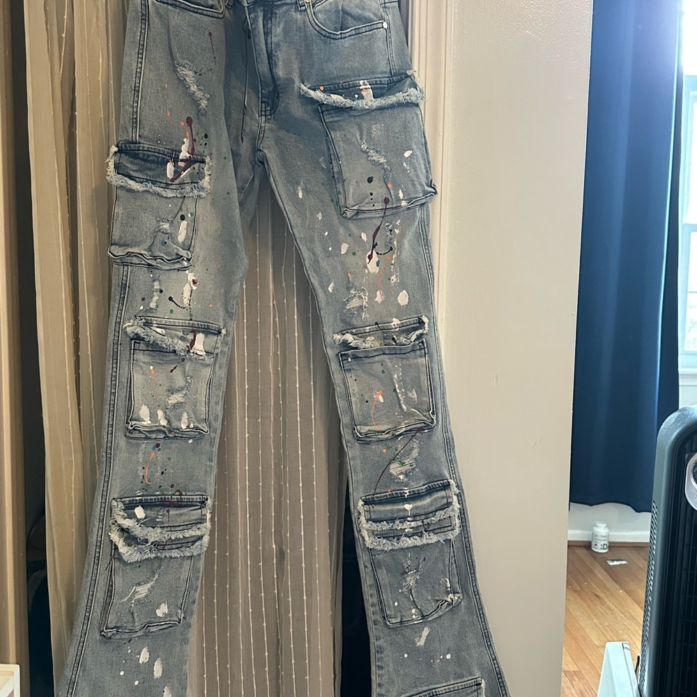 Gray Bootcut Jeans with Distressed Splatter Details